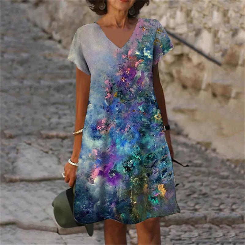 Растения Цветы Тай-дай Градиентный Принт Женское Платье Повседневное V-образный вырез Короткий рукав A-силуэт Платья Лето 2023 Новая Одежда Оверсайз