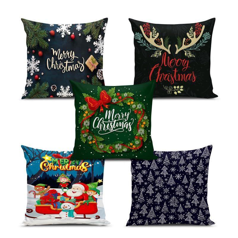 Decorative Printed Merry Christmas Theme Cushion Cover Xmas Decorations for Sofa Living Room Set of 5 12 x 12 inch Multi