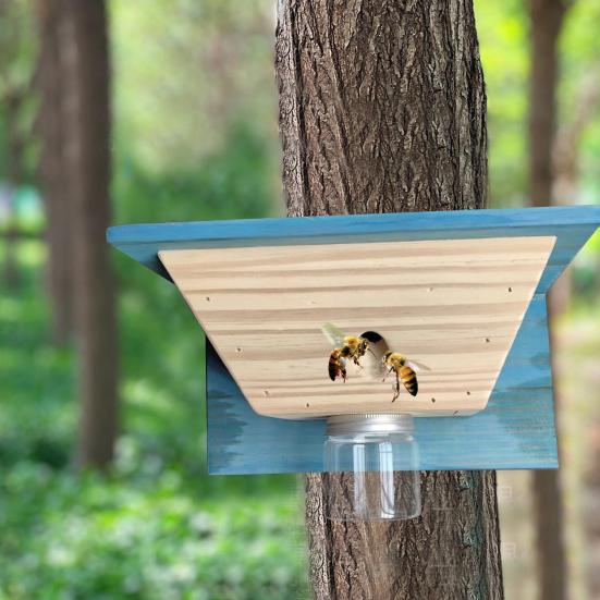Wood House Carpenter Bee Trap with Clear Bottle Outside Natural Wood Boring Bee