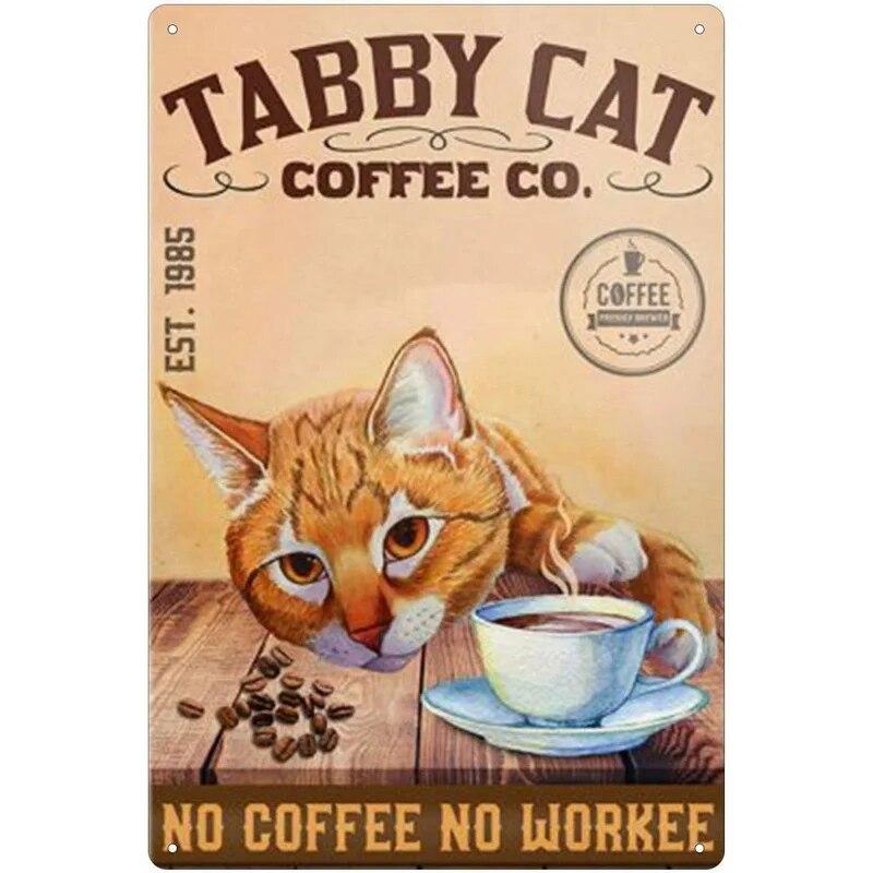 Нет кофе, нет работника, кот, металлические жестяные таблички, подарок для любителей кошек, винтажная табличка, металлический человек, пещерный бар, паб, клуб, кафе, украшение на стену дома