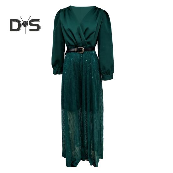 Women Jumpsuit Wide Leg Shiny Sequin Deep V Neck Long Lantern Sleeve Tight High Waist with Belt Solid Color Prom Cocktail Party Wedding Fake Dress