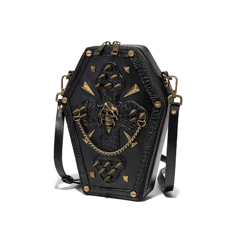 Trendy Black Girl Crossbody Coffin Bag Europunk Unisex Biker Bag Fashion Skull Head Ladies Shoulder Bag Rivet Decoration Sewing