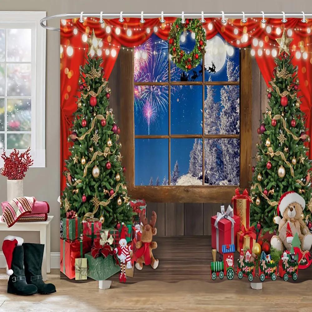 Рождественская вечеринка Занавески для душа Камин Рождественская елка и подарки Снеговик Снежная сцена Моющаяся занавеска для душа Арт Декор для ванной