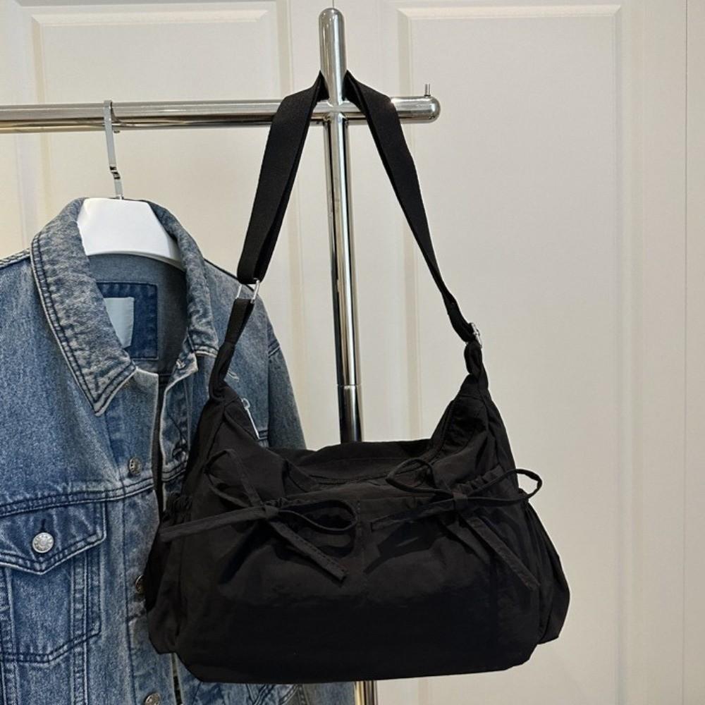 Solid Color Nylon Shoulder Bag Pleated Hobo Bag Cute Bow Crossbody Bag Women