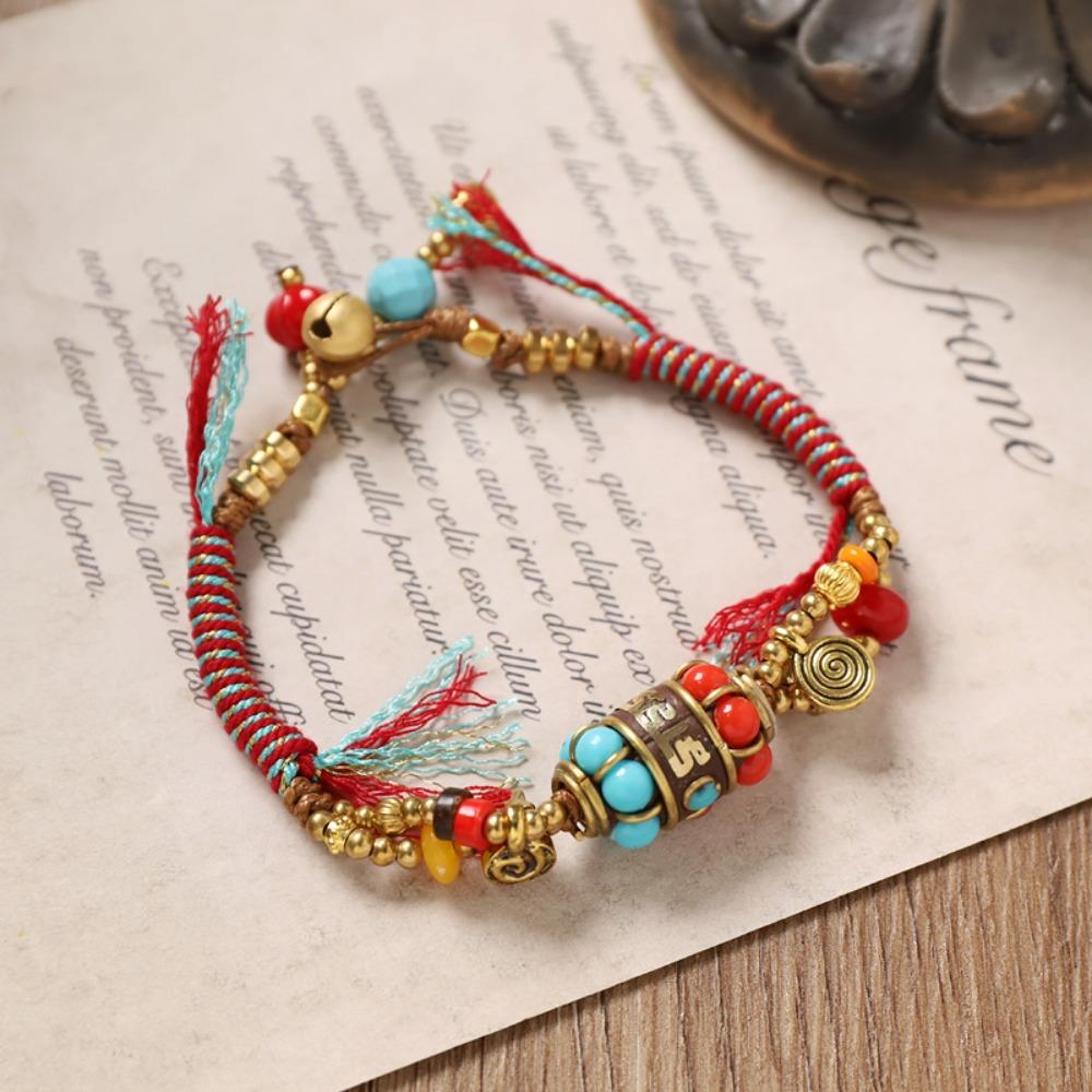 Регулируемый плетеный браслет из вощеного шнура с медными бусинами, плетеный браслет в древнем стиле, этнический браслет для девочек