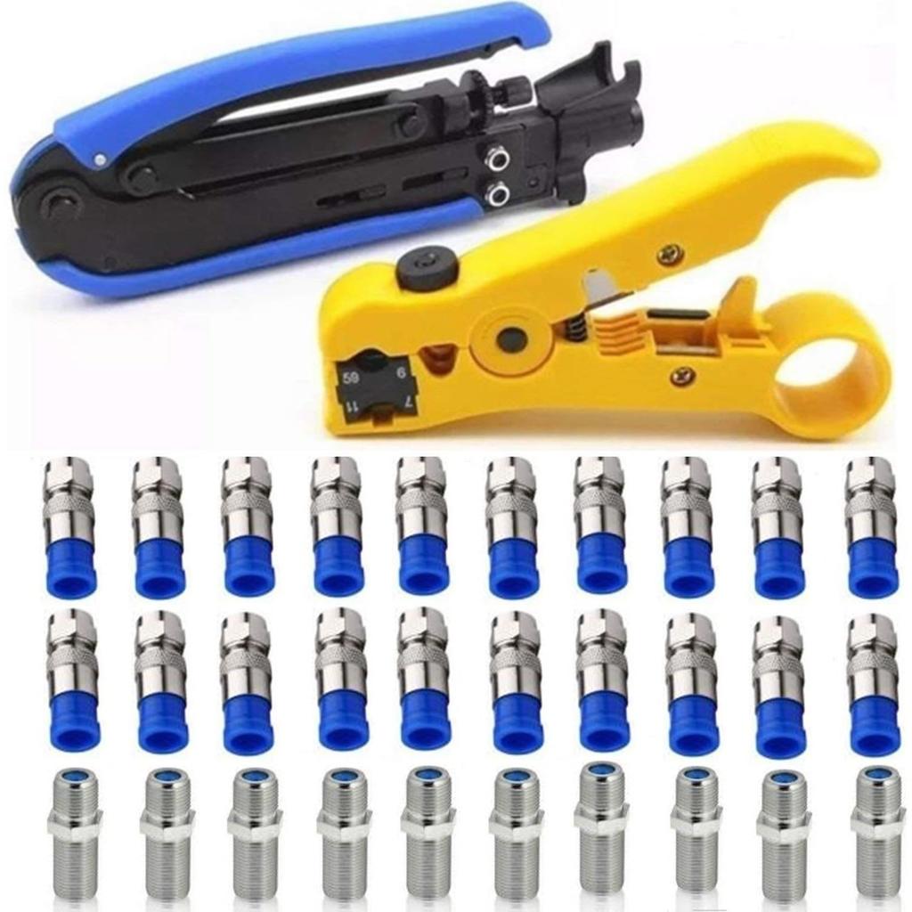 Gaobige Coaxial Compression Tool Coax Cable Crimper Kit Adjustable rg6 rg59 rg11 75-5 75-7 Coaxial Cable Stripper with 20pcs F Male And 10pcs Female