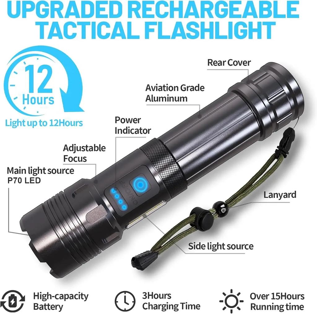 Aluminum Alloy Rechargeable P70 Flashlight High Power Waterproof Torch Light Zoomable with Storage Box Handheld Flash Light