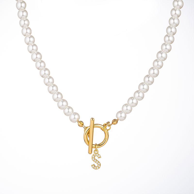 Zircon Crystal Initial A-Z Letter Pendant Necklace for Women Toggle Clasp Imitation Pearls Necklaces Wedding Jewelry Gift