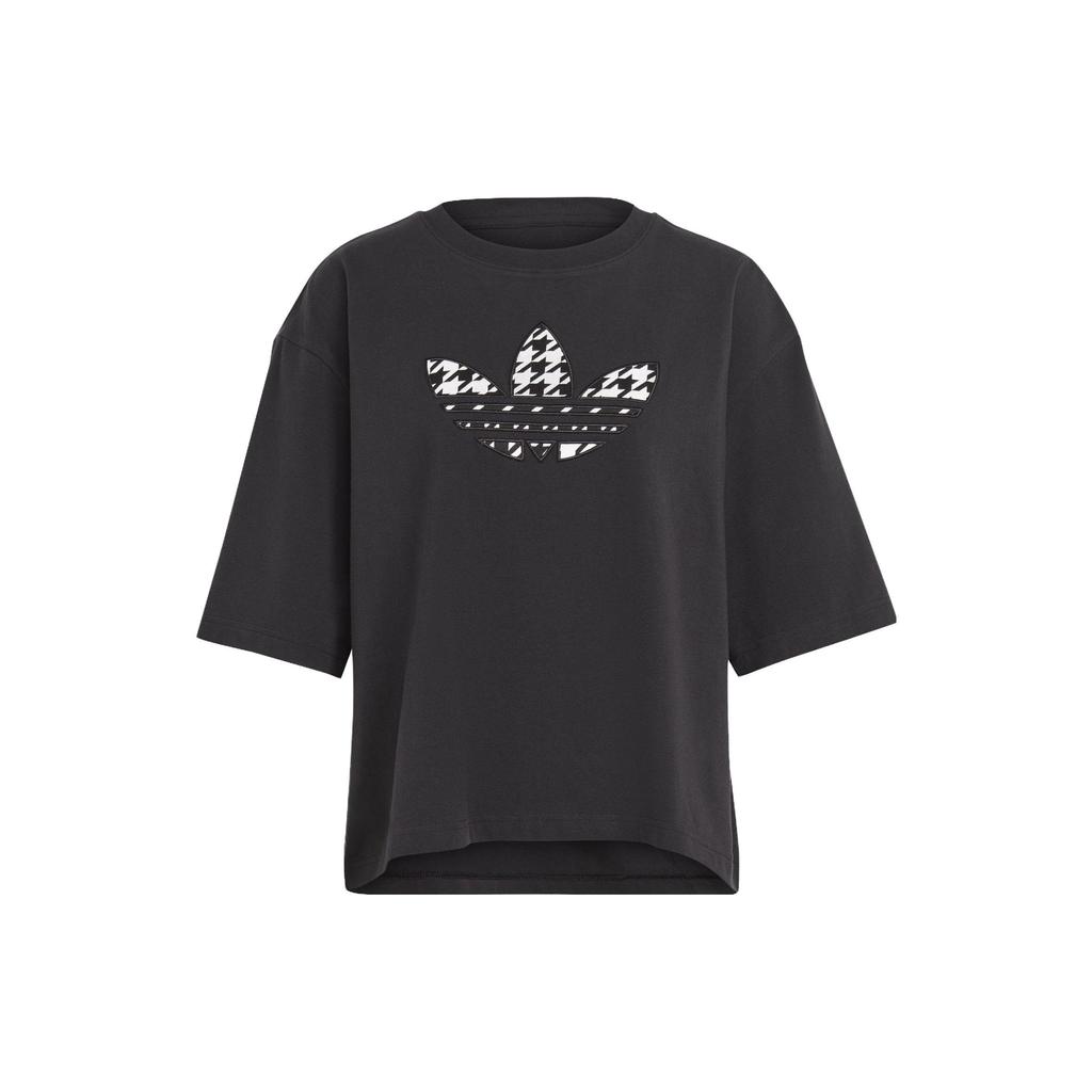 Adidas Originals Retro Houndstooth Logo Print Loose Fit Round Neck Short Sleeve T-Shirt Women T-Shirts Black IC5145
