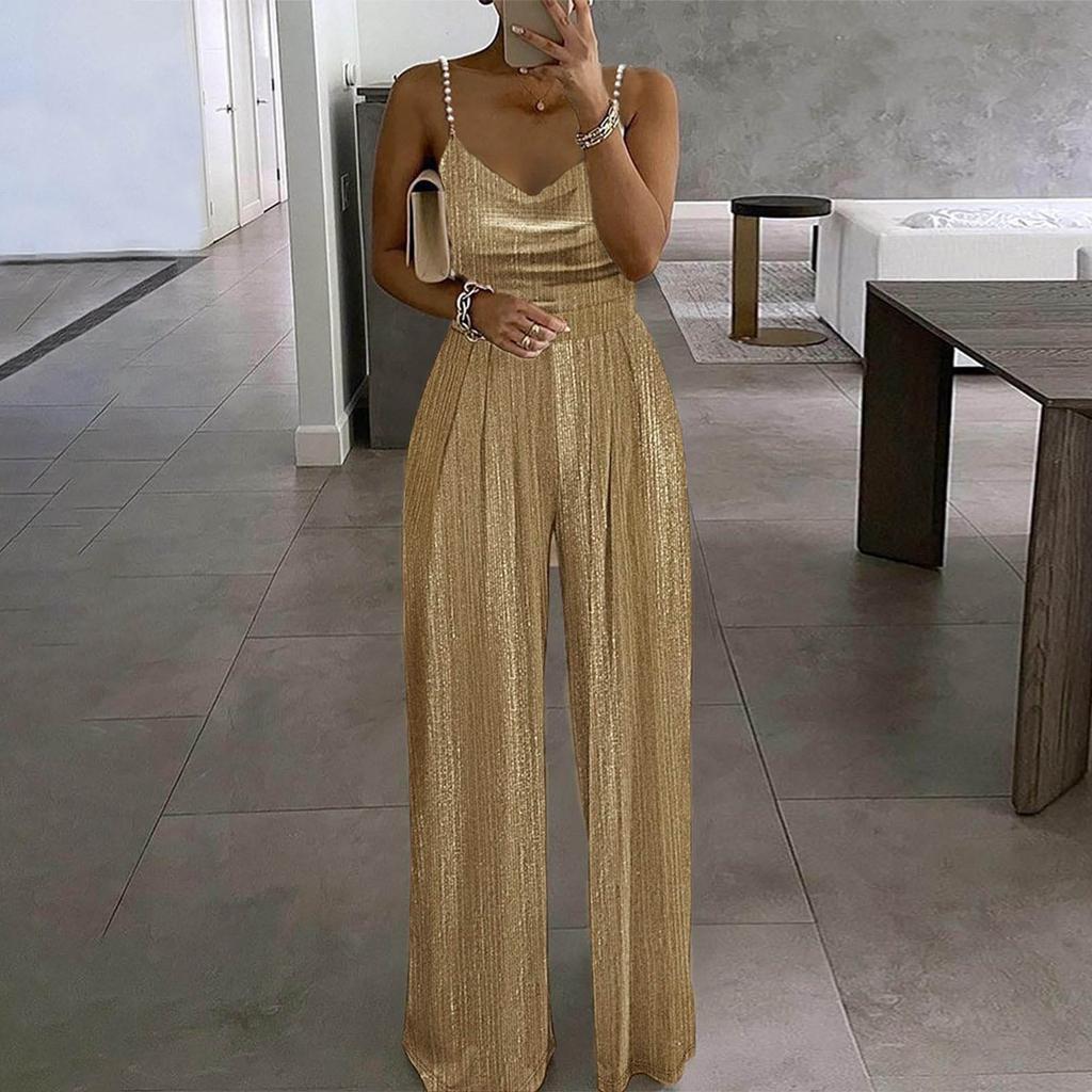 Женский модный и повседневный свободный цветной комбинезон с широкими штанинами, стягивающийся на талии, с элегантными бретелями, украшенными бусинами