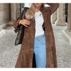 Womens Suede Trench Coat Elegant Khaki Lapel Long Overcoat