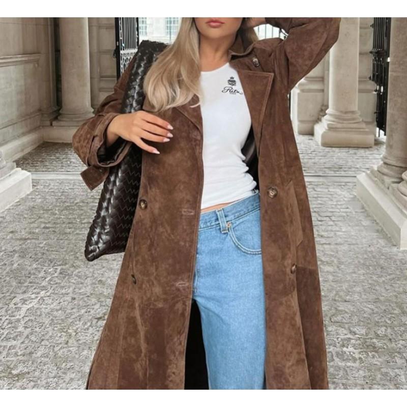 Womens Suede Trench Coat Elegant Khaki Lapel Long Overcoat