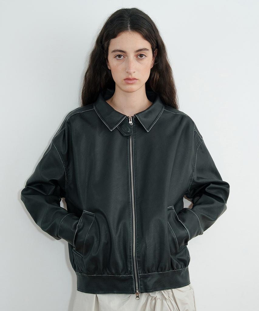 SINOON Shirred Leather Blouson Jacket (Black)