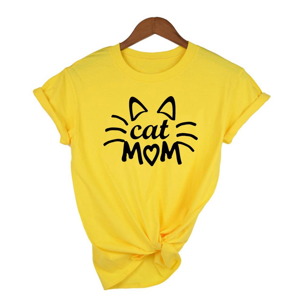 Stay At Home Cat Mom Print Women Shirts Casual Cute Cartoon White Summer Short Sleeve O