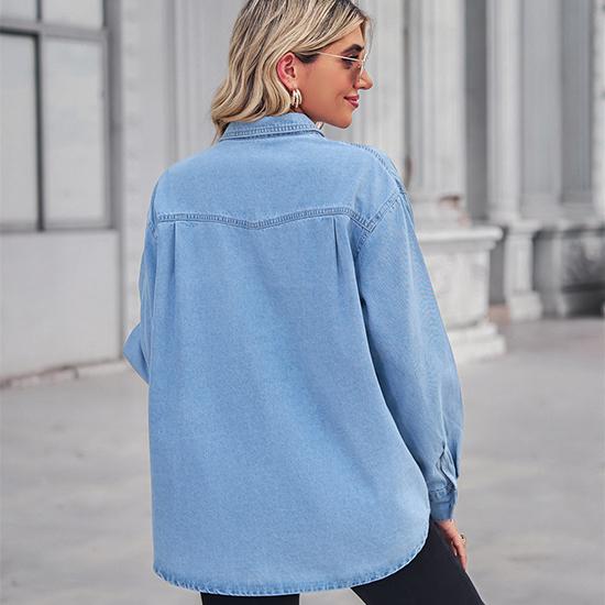 Светлый цвет, тонкая джинсовая повседневная рубашка с длинными рукавами в европейском и американском стиле, модная женская одежда