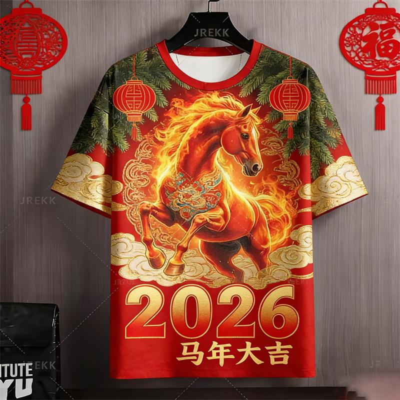 Футболка 2026 Год Лошади для Мужской Одежды Новая Личность Уличная Одежда Новогодний Подарок Футболка Крутой 3D Дизайн с Принтом Футболка