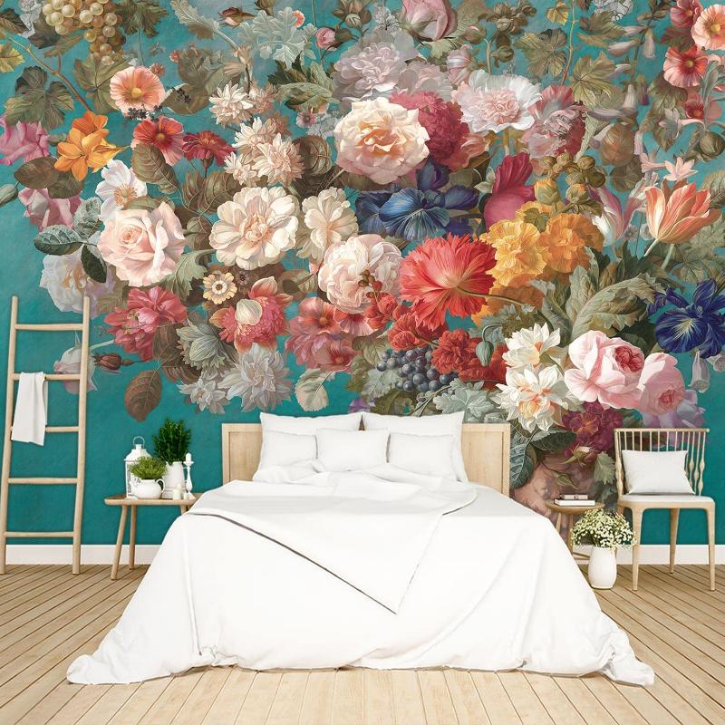 Цветочные обои Розовый пион фрески Девушки Спальня Ботанические розы Цветы Лист Эстетический декор комнаты Домашняя гостиная ТВ Фон Большая настенная роспись