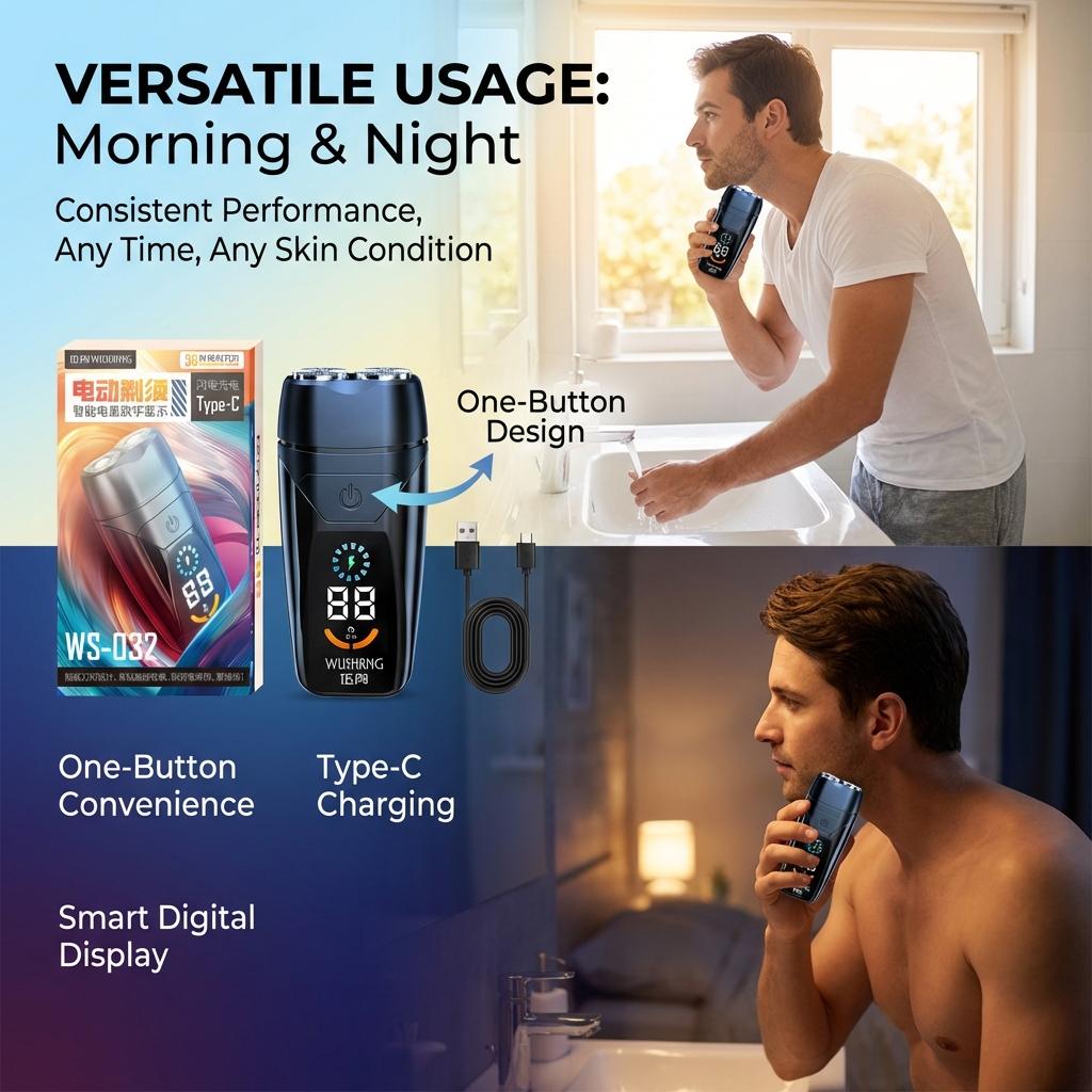 Electric Cordless Razor Shaver Convenient to Use One-Button Design Shaver for Morning Night Face Washing