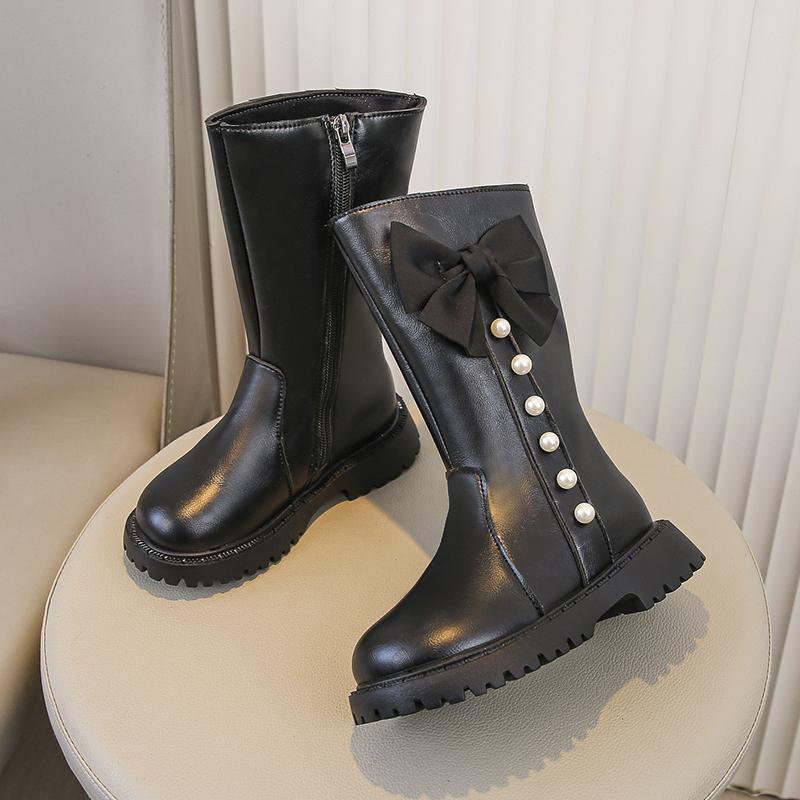 Детская обувь Модные ботинки принцессы с высоким голенищем Кожаные водонепроницаемые теплые зимние сапоги на меху для девочек Дизайн с бантом Длинные сапоги
