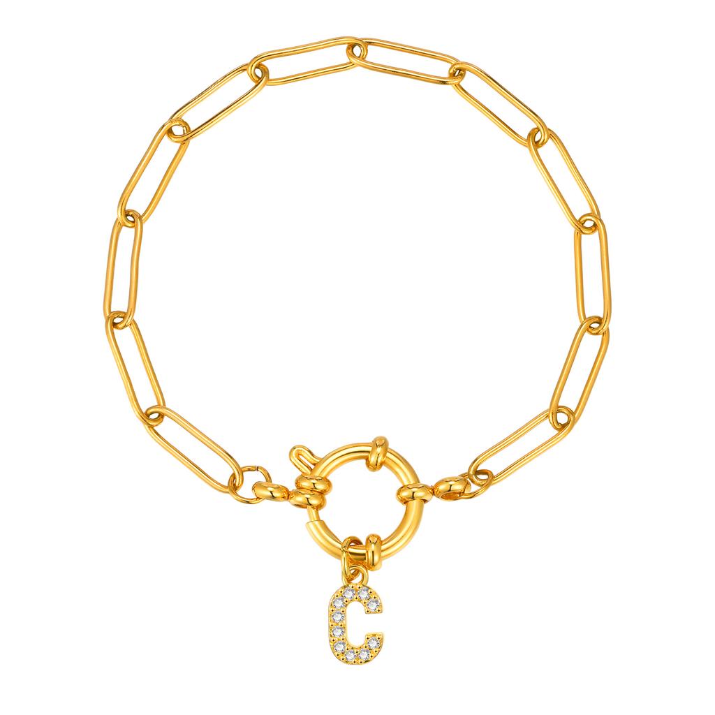 Bubble Buckle Zircon Initial A-Z Charm Bracelet, Stainless Steel Square Chain Bracelet for Women, 26 Letters Alphabet Jewelry