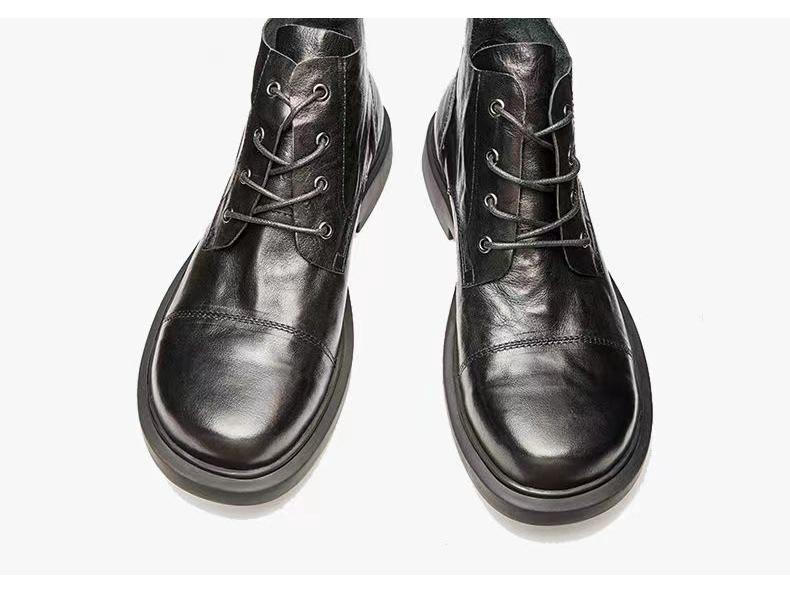 Men's Spring Leather Round-Toe Boots, Comfortable Wear-Resistant High-Top Shoes, Versatile British-Style Large-Size Mid-Top Martin Boots.