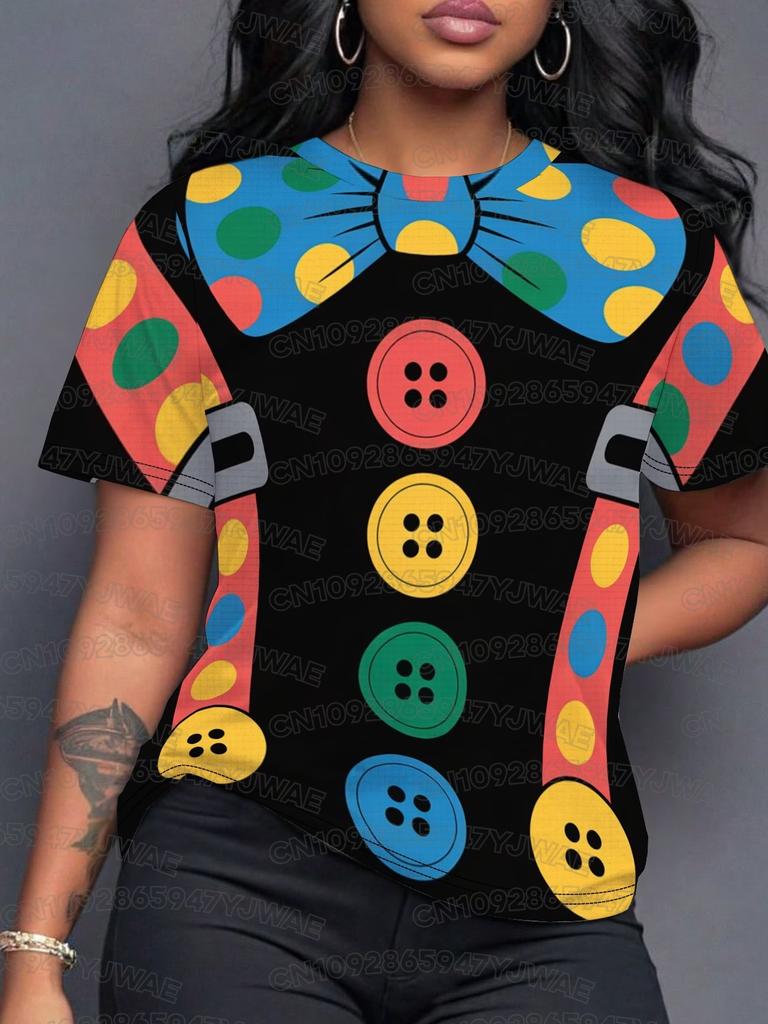 Summer Women's Clown Print Short Sleeve T-Shirt Clown Suspenders & Bow Tie Casual Crew Neck Casual Attire Top