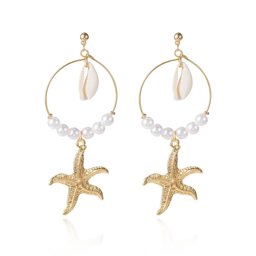 Imitation Pearl Starfish Shell Fringe Earrings Summer Pendant Earrings Beach Vacation Style Accessory Fashion Daily Accessory