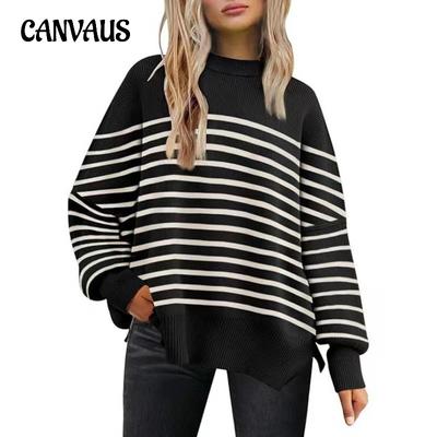 Женский свитер с круглым вырезом и длинными рукавами, с разрезами по бокам, осенне-зимний трикотажный свитер-пуловер