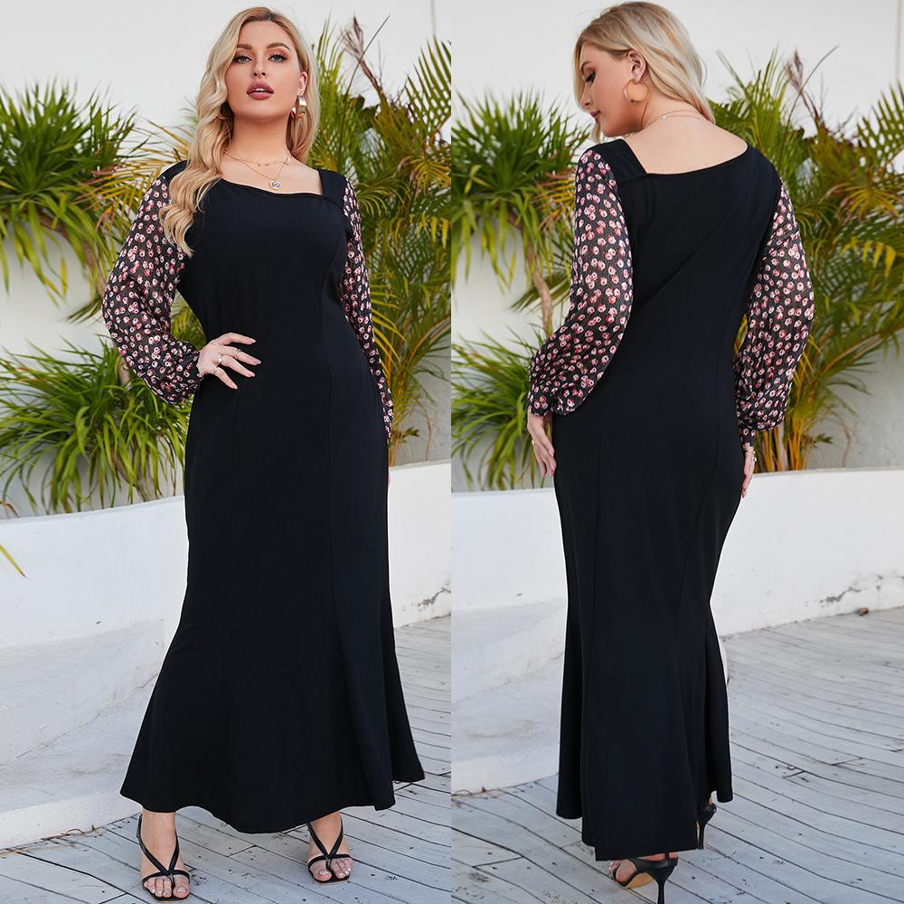 Женское платье большого размера, весенние и осенние длинные элегантные платья с квадратным вырезом и длинными рукавами с принтом