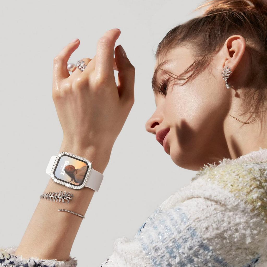 Стеклянный+Алмазный Чехол для корпуса Apple Watch 46 мм 40 мм 44 мм 41 мм 42 мм 45 мм Блестящий Бампер Защита для iWatch Серии 11 10 9 SE 7 8