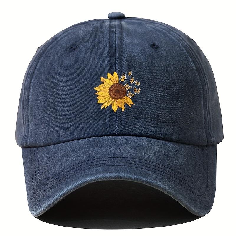 pc Unisex Sunshade Washed Distressed Baseball Cap With Sunflower Butterfly Pattern For Outdoor Sport Ideal choice for Gifts
