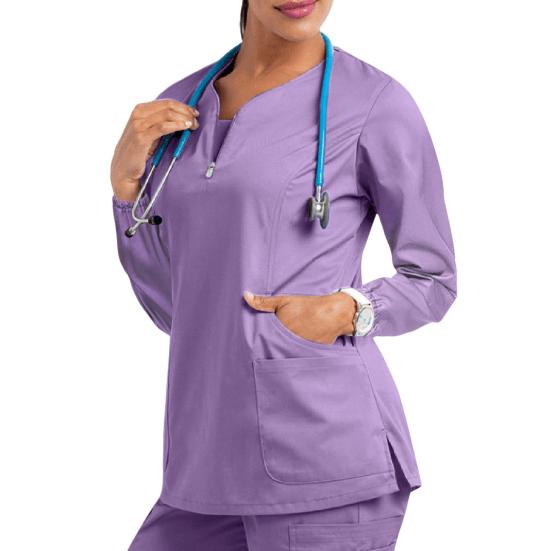 Nurse Uniform Top with 4 Pockets Zipper Half Placket Long Sleeve Side Slit Hem Loose Fit Nurse Scrub Top Workwear