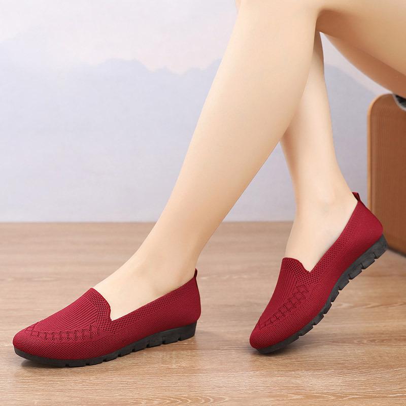 Летние одинарные туфли, женские туфли, дышащая сетка, одна педаль, старые пекинские тканевые туфли, плоские, нескользящие, тканые, для мам среднего и пожилого возраста