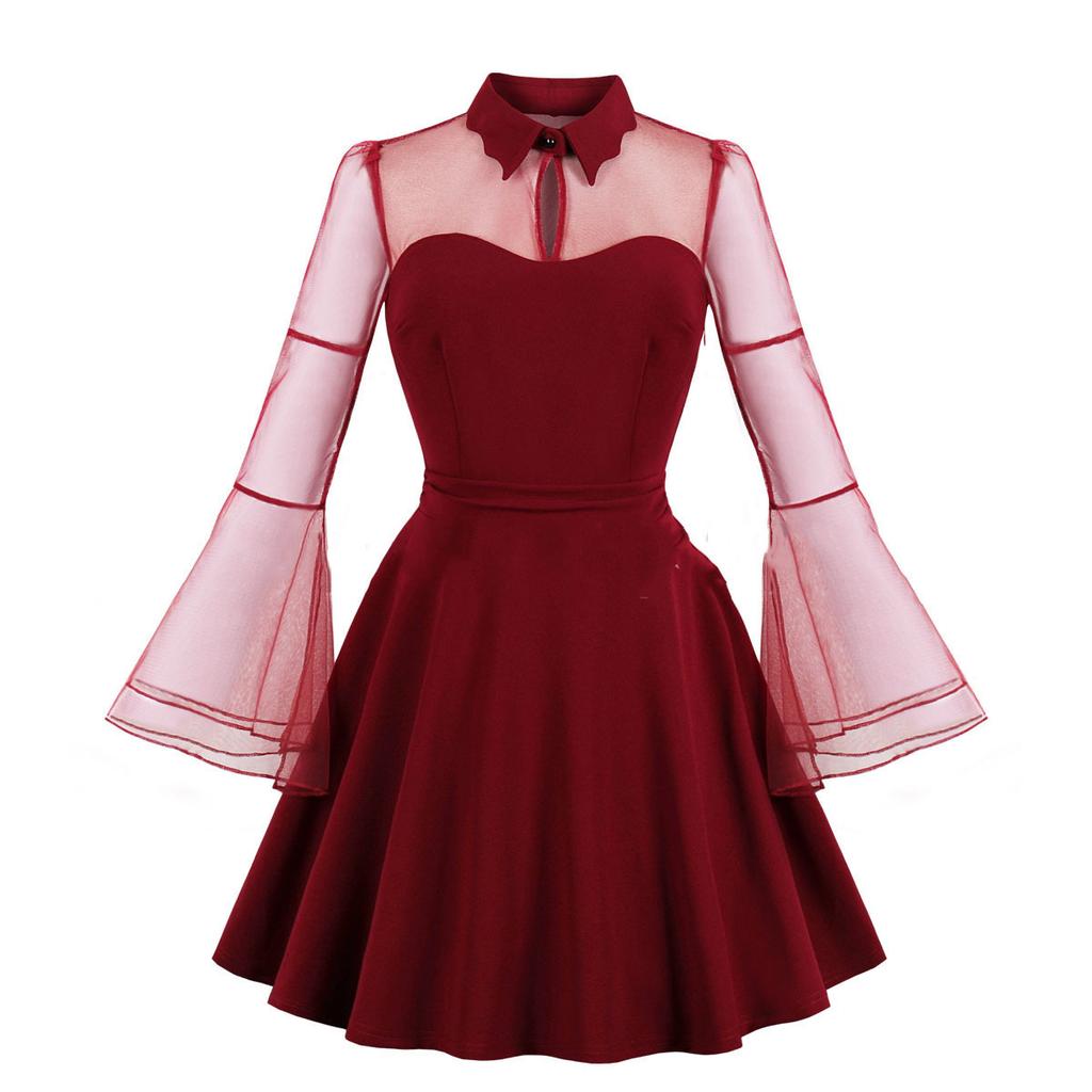 Весенне-осенняя мода Женская одежда Темная сетка Платье с длинным рукавом Ретро Повседневная юбка миди