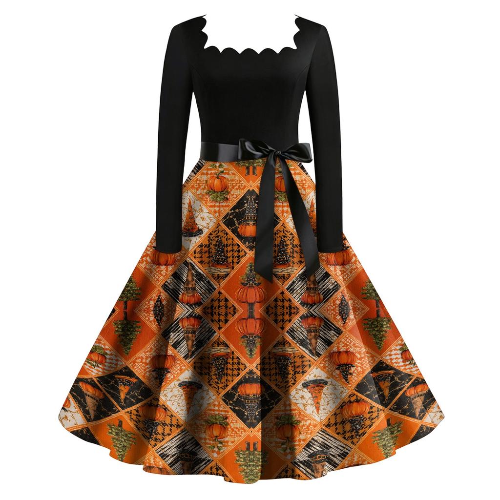 Women's Vintage Long Sleeve Square Neck Halloween Print Party Dress Midi Length Fit and Flare Style with Waist Tie Belt