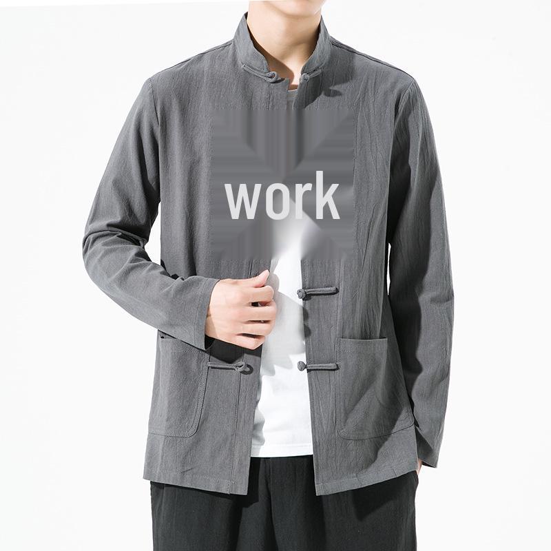 Мужская китайская ретро рубашка Тан с длинным рукавом - Однотонная, свободного стиля костюма для чаепития