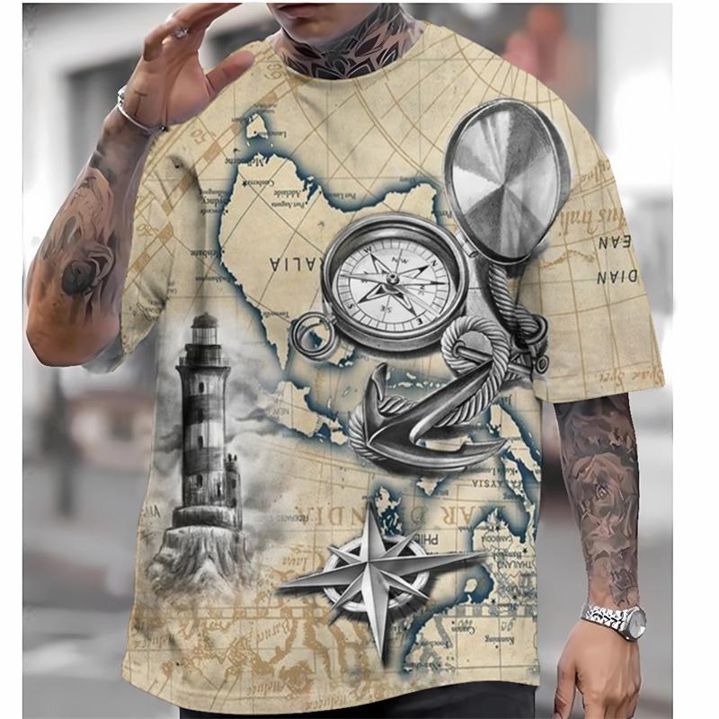 Vintage Compass Pattern Men's T-shirts Retro Map 3D Printed T-Shirts Summer Casual Oversized Short Sleeve Tees Round Neck Tops