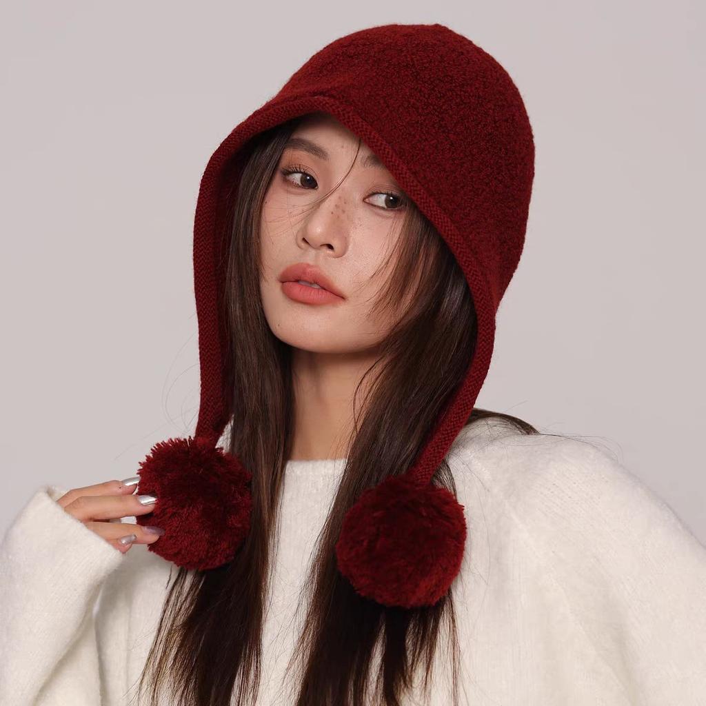 Plush ball balaclava hat women's autumn and winter big head circumference bag head ear protection face small knitted wool hat
