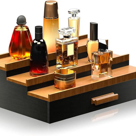3 Tiers Wooden Perfume Display Stand with Storage Drawer Large Capacity Desktop Perfume Organizer Storage Box
