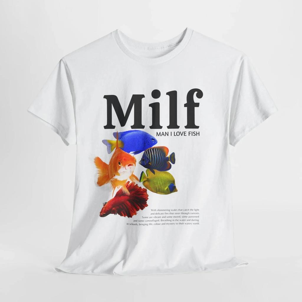 Funny MILF Man I Love Fish TShirt Black Tee with Colorful Tropical Fish Print Humorous Graphic Novelty Short Sleeve Top