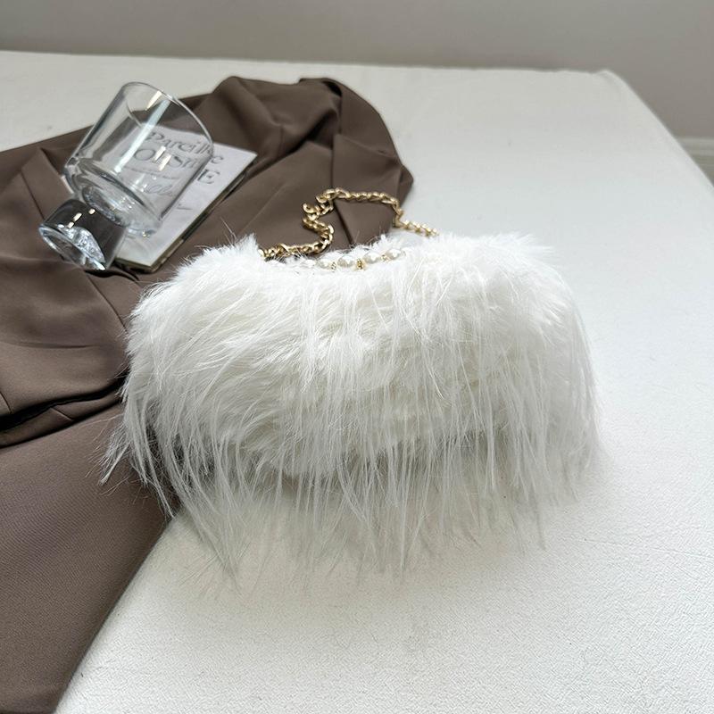 Furry Crossbody Bag with Pearl Handle Fashion Chain Plush Shoulder Bags for Women Soft Faux Fur Evening Party Purse