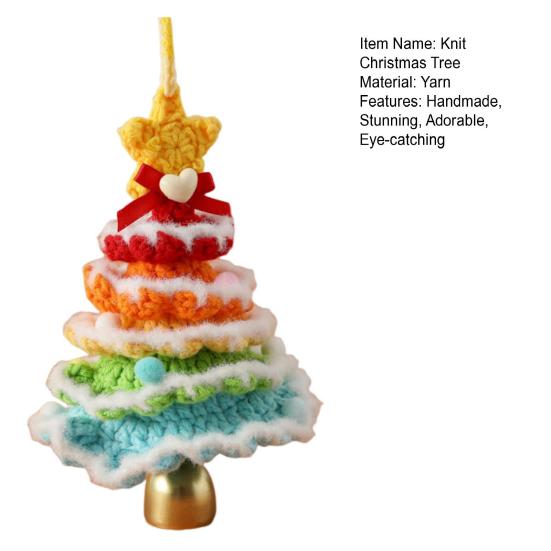Handmade Mini Knitted Christmas Tree Ornament Multi-Layered Crochet Snow Flocked Tree with Gold Bells And Star Top for Christmas Home Decor