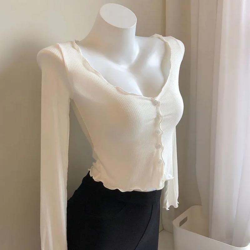 Женский розовый вязаный кардиган в рубчик с длинным рукавом, V-образным вырезом, на пуговицах, укороченный топ с отделкой воланами