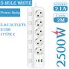 Электрическая розетка с вилкой EU, 3/5 розеток AC + 2 USB + 1 Type C, адаптер 8-в-1, удлинитель-тройник с быстрой зарядкой, с кабелем 2 м