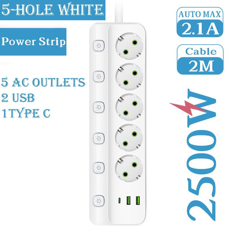 Электрическая розетка с вилкой EU, 3/5 розеток AC + 2 USB + 1 Type C, адаптер 8-в-1, удлинитель-тройник с быстрой зарядкой, с кабелем 2 м