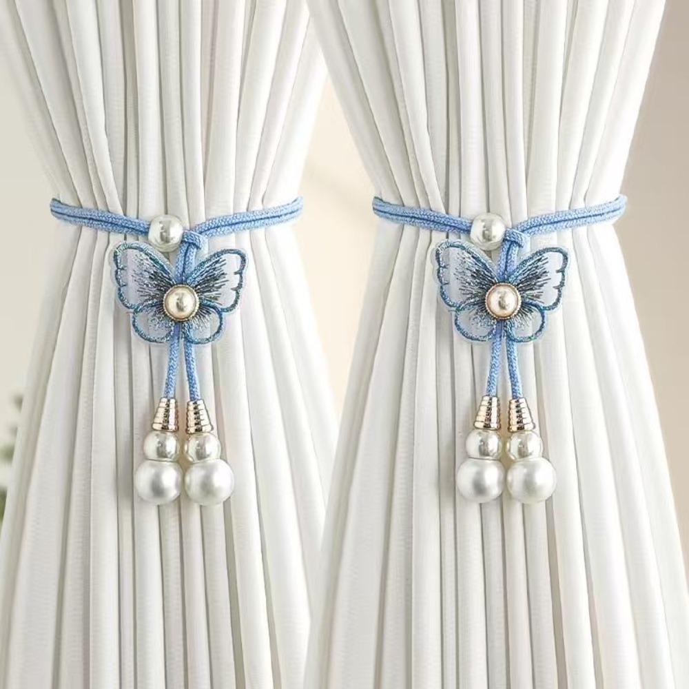 2PCS Adjustable Butterfly Curtain Tiebacks Curtain Holder Decorative Pearl Curtain Buckle Artificial Pearl Curtains Tie Rope