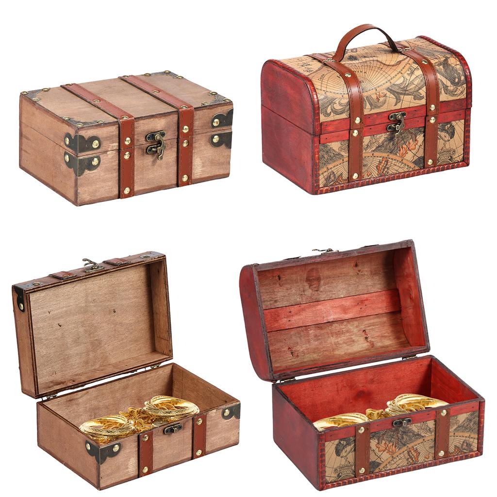 Pirate Treasure Chest Vintage Wood Storage Jewel Box Cosmetics Decorative Trunk Case Durable Organizer Gift Package Toy