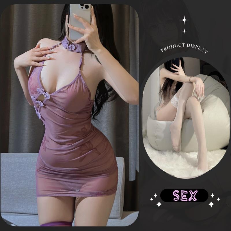 Sex underwear pure desire purple open placket buckle cheongsam sexy female antique butterfly love flower perspective strap uniform