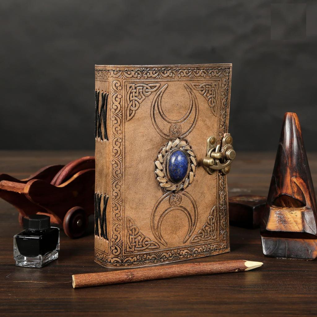 Handmade Vintage Leather Journal Triple Moon Studded with Semi Precious Stone. Lock Closure Diary