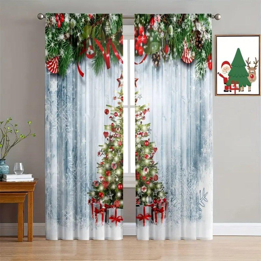 Красные рождественские праздничные шторы - полиэстеровые трикотажные тканые, полупрозрачные шторы с карманами для спальни и гостиной, праздничный Лан